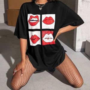 Oversized lip printed shoulder drop tee from SHEIN